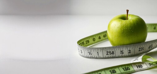 Measuring tape and green apple on white background, banner, copy space
