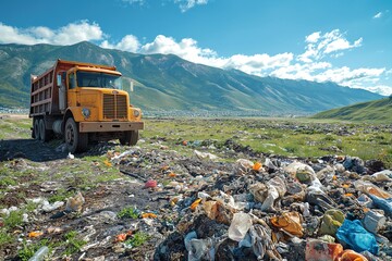 A dump truck is parked on the side of a mountain in a municipal garbage dump, surrounded by rugged terrain.