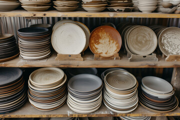 Stacked Handmade Ceramic Plates in a Workshop