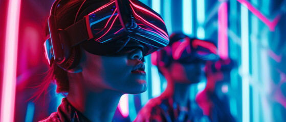 Obraz premium A futuristic vision of gaming, a woman in VR gear is illuminated by the vibrant hues of a digital world's immersive experience