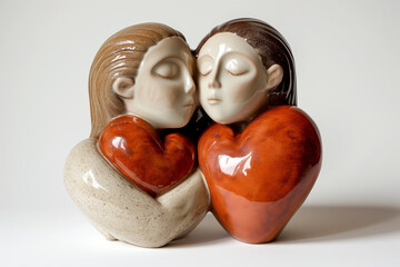 A ceramic statuette of two people with a red heart stands on the table. St. Valentine's Day