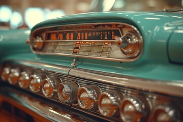 A detailed close-up view of an old-fashioned radio with its dials, buttons, and vintage design. - obrazy, fototapety, plakaty