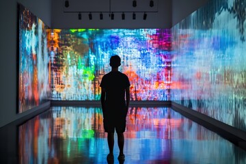 A man stands confidently in front of a vibrant, multi-colored wall.