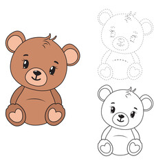 Teddy Bear Icon. Bear with outline. Funny Bear Tracing and Coloring Book with Example. Preschool worksheet for practicing and colors recognition skill. Vector Animal Cartoon Illustration for Children.