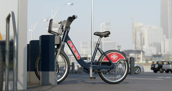 3D animation of generic Electric bicycle charging station. Shared electric bikes parked for rent