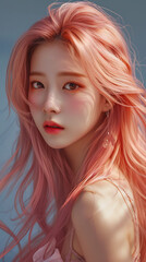Fototapeta premium Beautiful pink long hair korean model AI generated photography