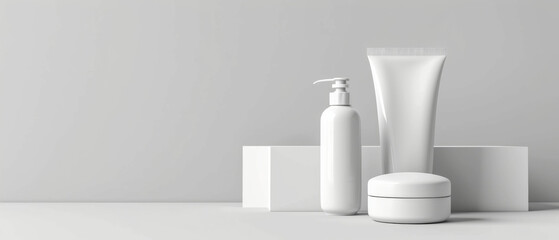 Pristine skincare products on a white display, an inviting showcase of beauty and personal care essentials
