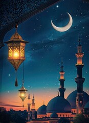 Ramadan kareem islamic festival  social media banner or FLAYER. a moon with big lantern and mosque night view 
