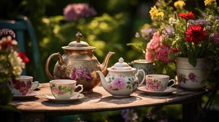 A garden tea party with vintage teapots and floral cups