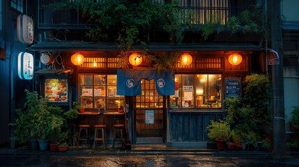 Facade, from the street in Tokyo, of a traditional ramen restaurant.
