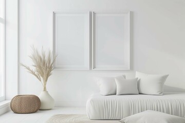Blank picture frame mockup on white wall. White living room design. View of modern Scandinavian style interior with artwork mock up on wall. Home staging and minimalism concept