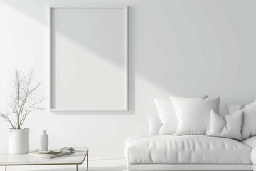 Blank picture frame mockup on white wall. White living room design. View of modern Scandinavian style interior with artwork mock up on wall. Home staging and minimalism concept