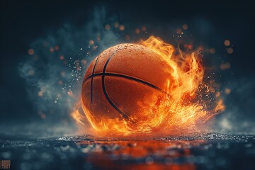 A basketball engulfed in flames stands out against a dark background.