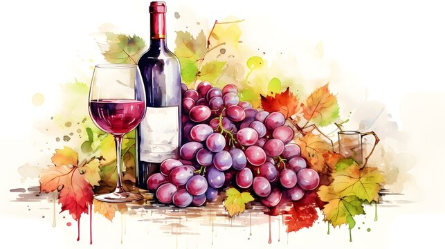 Bunch of blue grapes, red wine bottle and wine glass on landscape with hills and vineyards. Watercolor or aquarelle painting illustration. 