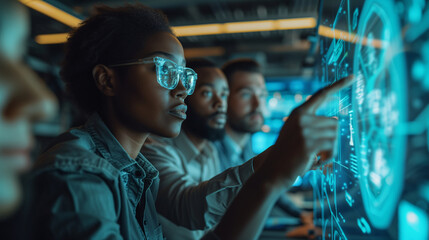 Engineers. Diverse group of focused engineers analyzing data on a transparent digital display in a high-tech research facility.
