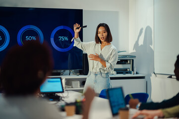 Portrait of an asian chinese woman boss holding a meeting in a modern office