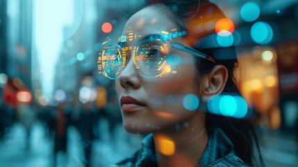 Smart glasses. A woman experiences augmented reality through smart glasses, with digital information overlays, on a bustling city street at twilight.