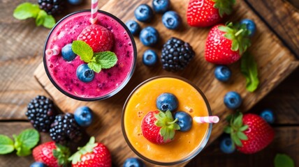 colorful smoothies with berries on a wooden board