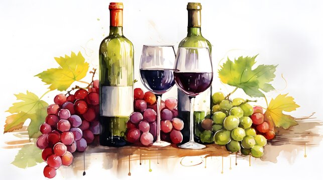 Bunch of blue grapes, red wine bottle and wine glass on landscape with hills and vineyards. Watercolor or aquarelle painting illustration. 