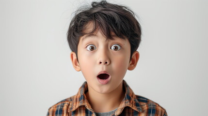 Portrait surprise face, Portrait of an amazed boy with an open mouth and round big eyes, astonished expression,  Looking camera. White background.