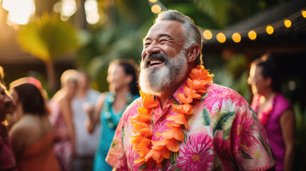 Guests in Hawaiian shirts and leis at a luau celebration