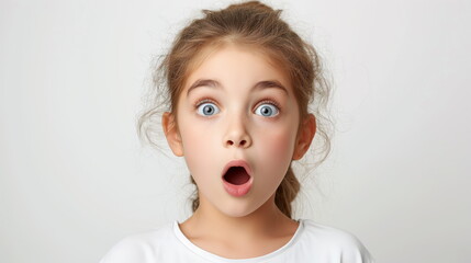 Portrait surprise face, Portrait of an amazed girl with an open mouth and round big eyes, astonished expression,  Looking camera. White background.