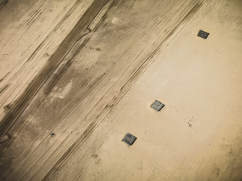 Aerial landscape of coal strip mine and large mining equipment. Welzow, Germany