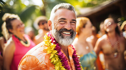 Guests in Hawaiian shirts and leis at a luau celebration - obrazy, fototapety, plakaty