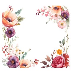 Elegant Watercolor Floral Frame With Mixed Blooms and Foliage on a White Background