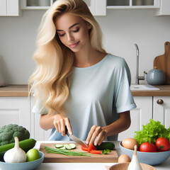 woman in pastel blue t-shirt cooking vegetables on table in white kitchen