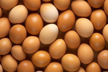 Eggs background. Close up of fresh chicken eggs. Top view.