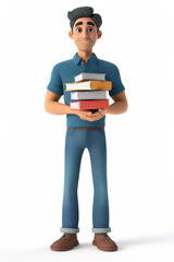 Happy cartoon character student man in blue shirt holding books.