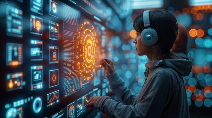  technologist in a lab looking at digital interface, in the style of futuristic realism, art, photo-realistic, les automatistes AI tech protection with password secure for online payment concept 