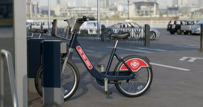 Row of Green bicycles for rent. 3D animation of Electric bicycle charging station. Shared electric bikes parked on city street