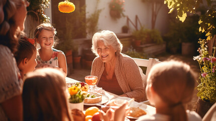Happy Senior Grandmother Talking and Having Fun with Her Grandchildren, Outdoors Dinner with Food and Drinks