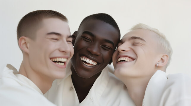 minimalist image of a group of laughing male friends on a white background
