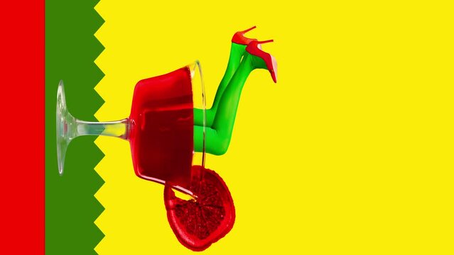 Female legs in green tights and reds heels sticking out alcohol cocktail on yellow background. Stop motion, animation. Concept of party, alcohol drink, inspiration, fun, Complementary colors.