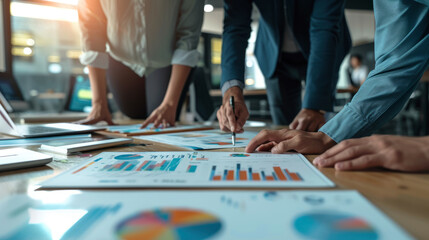 A collaborative team meeting, focusing on market analysis and strategic decisions. The setting includes a modern office, filled with the latest digital tools for productivity.