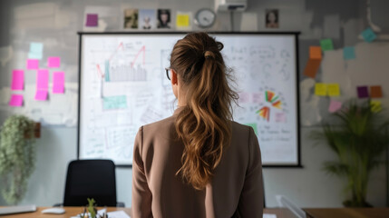 Startup presentation to investors: a detailed pitch highlighting business strategy, market potential, and financial plans using visuals on a whiteboard in a professional, engaging setting.