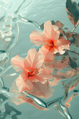 3d rendered photo with pink flowers and leaves on the glass.