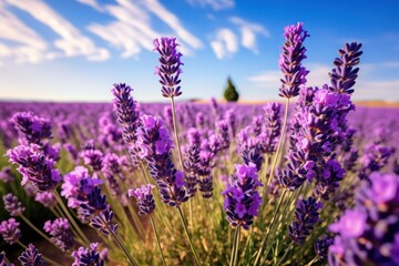 A captivating view of vibrant lavender flowers basking in the warm glow of the setting sun