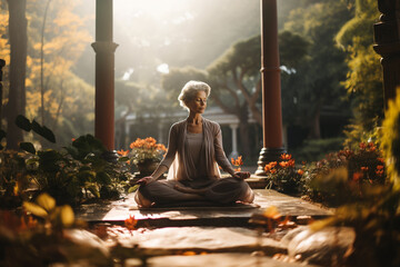 Unity connection with yourself, meditating for inner peace zen balance, stable mental health wellness concept. Gray-haired relaxed woman sitting in lotus pose alone in park garden nature