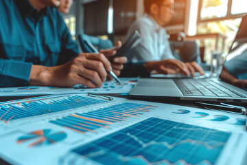 A professional team collaborates on financial statistics and graphs, emphasizing teamwork and strategic planning in a corporate office.