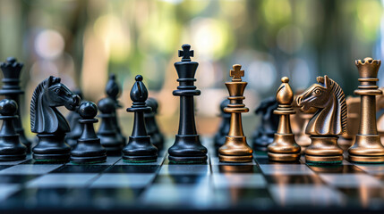 Explore a unique chessboard where financial strategy comes to life with coins as pawns, banknotes as knights, and calculators as bishops. Perfect for themes of investment and strategic planning.