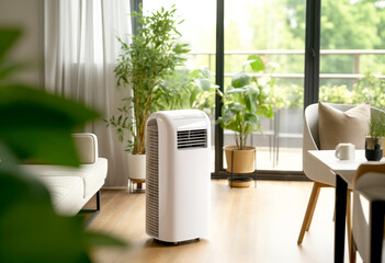 portable air conditioner in stylish Interior Living Space with Plants. Save energy and electricity concept - obrazy, fototapety, plakaty