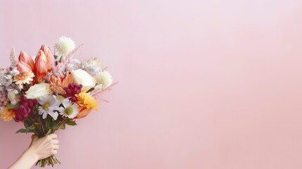 Flower bouquet in woman hand on pastel wall background. Top view.