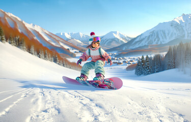 3D Snowboarder Girl in Pink Outfit Jumping on the Slope