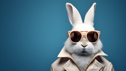 Cool white rabbit in a coat and sunglasses on a blue background with copy space