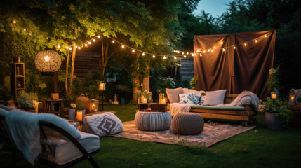A backyard movie night with a screen and comfy seating