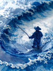 Fototapeta na wymiar A miniature photo of an ancient Chinese individual fishing.